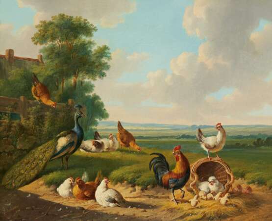 Zwei Gemälde: Hühner und Pfauen auf der Wiese - Foto 5