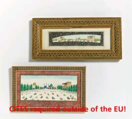 Zwei Miniature-Malereien mit Polo und Parade vor dem Palast