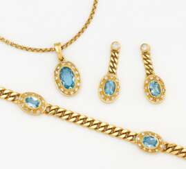 Aquamarin-Diamant-Set: Anhängerkette, Ohrhänger, Armband