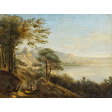 MARIE oder MARIA (undeutlich signiert, Künstler/in 19. Jahrhundert,), "Französische Küste mit Stadt am Berg", - photo 1