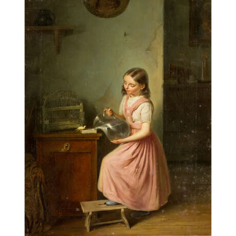 GRUBER, FRANZ JOSEF (?-1854), "Mädchen mit Wasserkrug, einen gelben Singvogel tränkend", - Foto 1