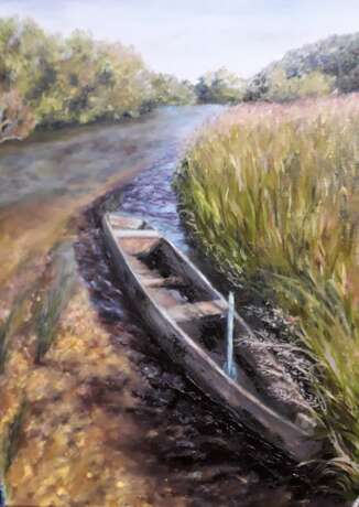 Gemälde „Boot“, Karton, Ölfarbe, Neoimpressionismus, Landschaftsmalerei, 2021 - Foto 1