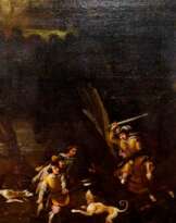 HUNTING SCENE. FROM XVII CENTURY - OIL ON CANVAS. NETHERLANDS. HUNTING SCENE. FROM XVII CENTURY - OIL ON CANVAS. NETHERLANDS.