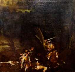 HUNTING SCENE. FROM XVII CENTURY -  OIL ON CANVAS. NETHERLANDS.