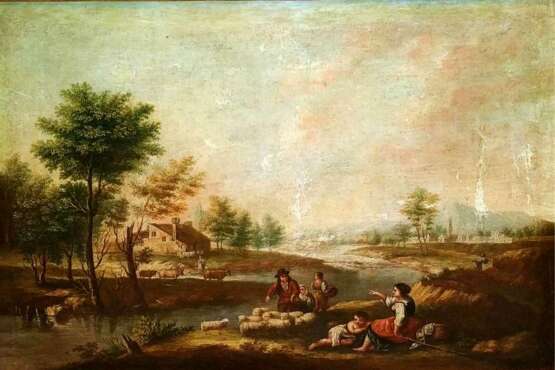 Gemälde „ITALIEN - LANDSCHAFT MIT BAUERN. AB XVIII-XIX JAHRHUNDERT - ÖL AUF LEINWAND“, Leinwand, Ölfarbe, Baroсk, Alltagsleben, 1700 - 1800 - Foto 1