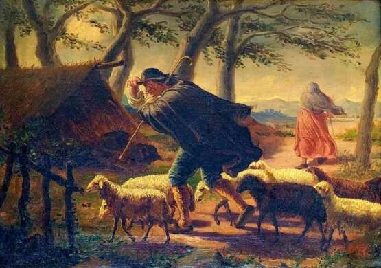 Painting “SHEPHERD WITH HERD IN THE STORM - FROM XVIII-XIX CENTURIES - OIL ON CANVAS SIGNED. SPAIN”, SIGNED (Unknown Authour), Canvas, Oil paint, Rococo, Everyday life, 1700 - 1800 - photo 1