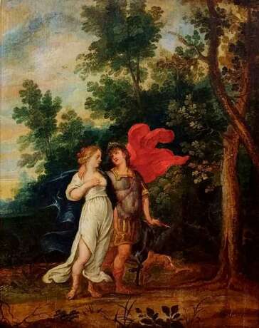 Painting “RINALDO AND ARMIDA. FROM XVII CENTURY - OIL ON WOOD.”, Canvas, Oil paint, Baroque, Everyday life, 1600 - photo 1