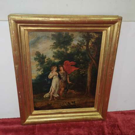 Painting “RINALDO AND ARMIDA. FROM XVII CENTURY - OIL ON WOOD.”, Canvas, Oil paint, Baroque, Everyday life, 1600 - photo 2