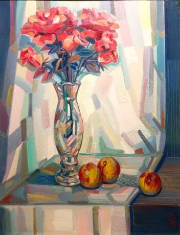 Gemälde „Morgen Rosen“, Leinwand auf dem Hilfsrahmen, Ölfarbe, Impressionismus, Stillleben, Russland, 2003 - Foto 1
