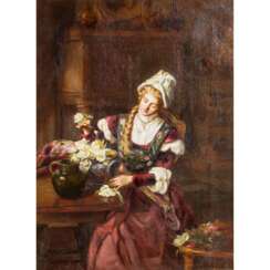 MALER/IN 19. Jahrhundert, "Junge Dame in Historismusstube, Rosen in eine Vase drapierend",