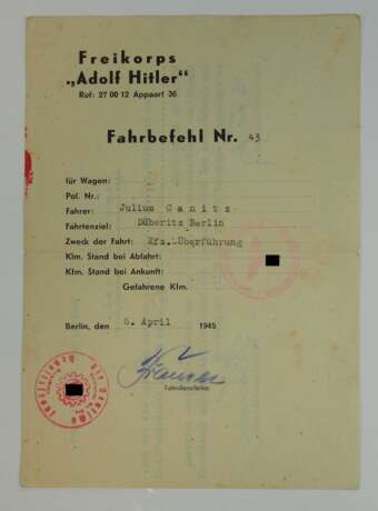 Freikorps "Adolf Hitler" - Fahrbefehl / Marschbefehl. - фото 1