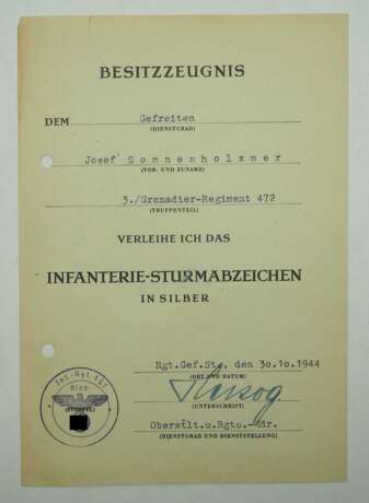 Infanterie-Sturmabzeichen, in Silber Urkunde für einen Gefreiten der 3./ Grenadier-Regiment 472. - photo 1