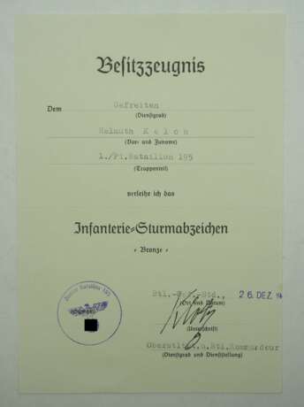 Infanterie-Sturmabzeichen, in Bronze Urkunde für einen Gefreiten der 1./ Pionier-Bataillon 195. - Foto 1