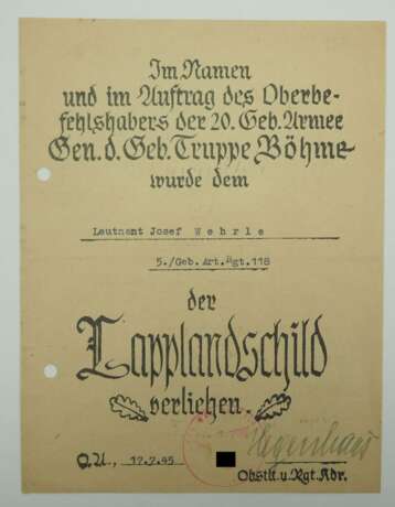 Lapplandschild Urkunde für einen Leutnant der 5./ Geb.Art.Rgt. 118. - фото 1