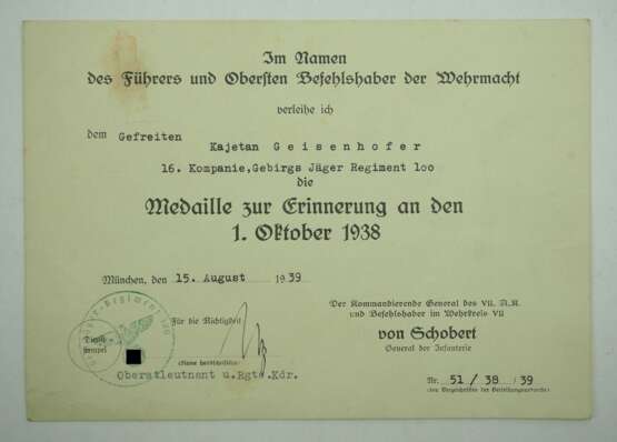 Medaille zur Erinnerung an den 1. Oktober 1938 für den Gefreiten der 16./ Gebirgs Jäger Regiment 100. - Foto 1