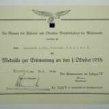Medaille zur Erinnerung an den 1. Oktober 1938 Urkunde für den Leutnant d. Res. Wilhelm Galland. - фото 1