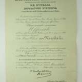 Italien: Orden der Krone von Italien, Offizierskreuz Urkunde für den deutschen Legationsrat H.U. von Marchtaler. - фото 1