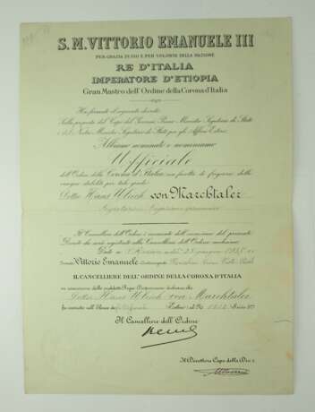 Italien: Orden der Krone von Italien, Offizierskreuz Urkunde für den deutschen Legationsrat H.U. von Marchtaler. - photo 1