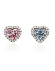 HEART-SHAPED COLORED DIAMOND AND DIAMOND EARRINGS WITH GIA REPORTS