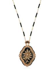 ONYX, SEED PEARL AND ENAMEL LOCKET PENDANT NECKLACE