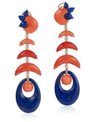 DIAMOND, LAPIS LAZULI AND CORAL EARRINGS