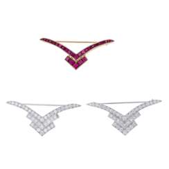THREE DIAMOND AND RUBY BROOCHES
