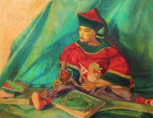 CHINESE MARIONETTE AND BOOKS. OIL ON CANVAS. SIGNED. SPAIN. 1947