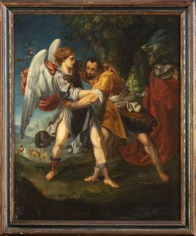 Painting “Fight of Jacob with the ANGEL, Flemish school, 17th century, OIL ON CANVAS - Great Painting”, Canvas, Oil paint, Baroque, Fantasy, Period: 17th century - photo 1