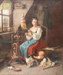 SICHEL, NATHANIEL (auch Nathanael; Mainz 1843-1907 Berlin, jüdischer Maler), "Junge Frau mit Kind am Spinnrad in der Stube",