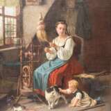 SICHEL, NATHANIEL (auch Nathanael; Mainz 1843-1907 Berlin, jüdischer Maler), "Junge Frau mit Kind am Spinnrad in der Stube", - фото 1