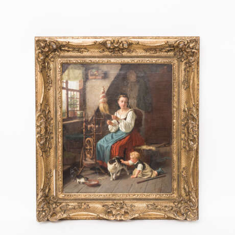 SICHEL, NATHANIEL (auch Nathanael; Mainz 1843-1907 Berlin, jüdischer Maler), "Junge Frau mit Kind am Spinnrad in der Stube", - Foto 2