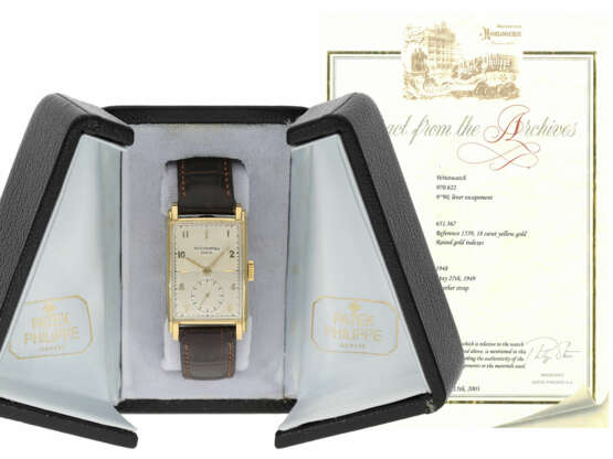 Armbanduhr. große, extrem seltene Art déco Herrenuhr von Patek Philippe, Ref.1559, mit besonderer Patek Philippe Box und Stammbuchauszug, Genf 1948 - photo 1