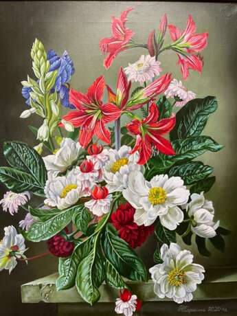 Gemälde „Stillleben mit weißen und roten Blüten.“, Leinen, Ölfarbe, Realismus, Stillleben, 2020 - Foto 1