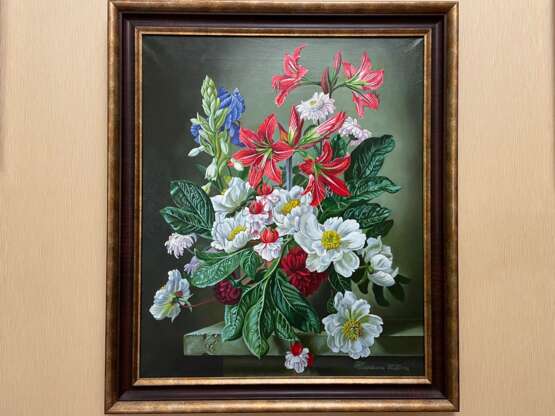 Peinture «Nature morte aux fleurs blanches et rouges.», Lin, Peinture à l'huile, Réalisme, Nature morte, 2020 - photo 3