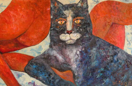 Peinture design «Chat bleu sur des draps blancs», Toile, Peinture à l'huile, Impressionnisme, Animaliste, Russie, 2013 - photo 1