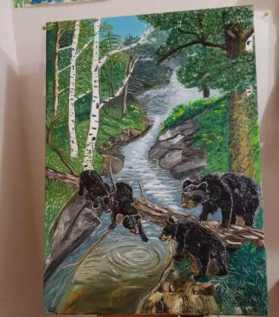 Медведи-рыбаки Canvas Lacquer Action Painting Animalistic Ukraine 2021 - photo 1