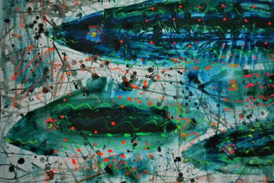 Gemälde „Fischschwarm“, Aquarell, Expressionismus, Animalistisches, Italien, 2021 - Foto 2