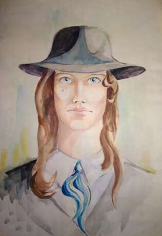 Портрет девушки в шляпе Paper Watercolor Portrait Byelorussia 1990 - photo 1