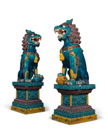 A PAIR OF LARGE CHINESE POLYCHROME-ENAMELLED CERAMIC BUDDHIST LIONS - photo 1