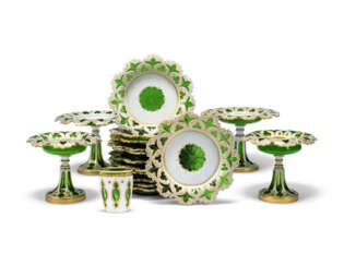 A BOHEMIAN WHITE-GLASS OVERLAY GREEN-GROUND DESSERT-SERVICE