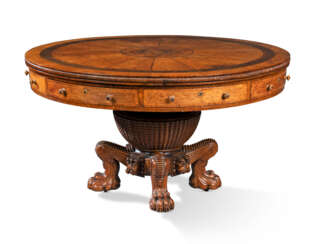 A REGENCY BRASS-INLAID OAK AND INDIAN ROSEWOOD LIBRARY TABLE