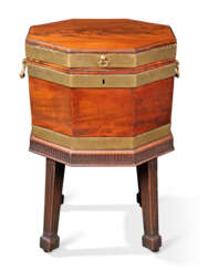A GEORGE III BRASS-MOUNTED MAHOGANY HEXAGONAL WINE-COOLER ON STAND