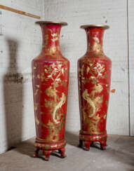 A PAIR OF LARGE RED AND GILT-LACQUER PAPIER MACHE WOOD VASES