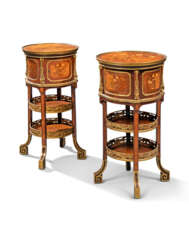 A NEAR PAIR OF FRENCH ORMOLU-MOUNTED KINGWOOD, BOIS SATINE AND SYCAMORE MARQUETRY BEDSIDE TABLES