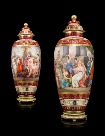 A PAIR OF LARGE VIENNA-STYLE PORCELAIN CLARET-GROUND VASES AND COVERS - фото 1