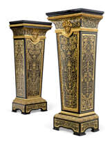 A PAIR OF FRENCH ORMOLU-MOUNTED CUT-BRASS INLAID TORTOISESHELL ‘BOULLE’ EBONY AND EBONISED MARQUETRY PEDESTALS