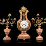 A FRENCH ORMOLU-MOUNTED AND 'JEWELED' PINK MARBLE THREE-PIECE CLOCK GARNITURE - фото 1
