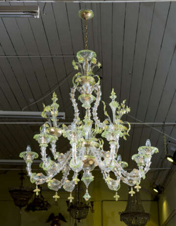 A PAIR OF ITALIAN FROSTED AND PALE-GREEN GLASS NINE-LIGHT CHANDELIERS - photo 3