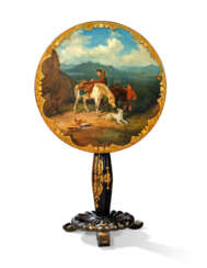 A MID-VICTORIAN POLYCHROME-DECORATED GILT AND BLACK LACQUER OCCASIONAL TABLE