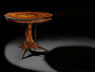 AN ITALIAN PENWORK, INTARSIA, EBONY AND STAINED FRUITWOOD MARQUETRY CENTRE-TABLE